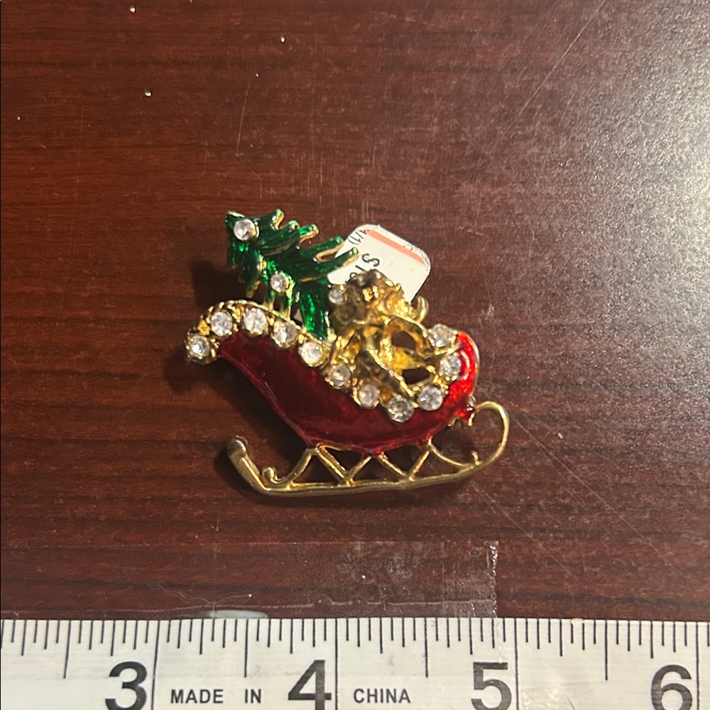 Festive Red Sleigh Brooch with Green Tree